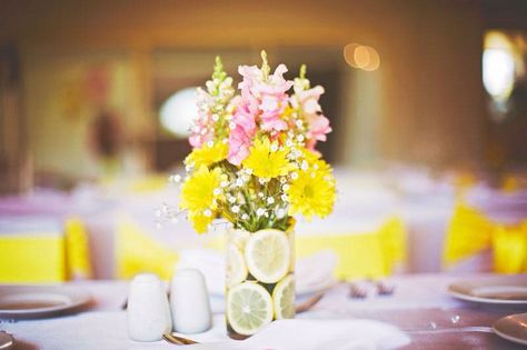 Bright yellow snd pink table centres with lemons , Snap dragons and daisy chrysanthemums Pastel Pink And Yellow Party Decor, Pink And Yellow Table Decor, Lemon And Pink Baby Shower Theme, Yellow And Pink Baby Shower Ideas, Pink And Yellow Baby Shower Ideas, Yellow Baby Shower Theme, Yellow Centerpieces, Snap Dragons, Sprinkle Ideas