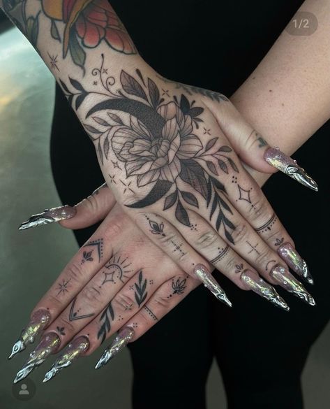 Hand Cover Ups Tattoos, Female Hand Tattoos Ideas, Hand Filler Tattoos, Cool Hand Tattoos Women, Large Hand Tattoos For Women, Arm Tattoos For Women’s, Hand Flower Tattoos For Women, Arm To Hand Tattoos For Women, Large Hand Tattoo