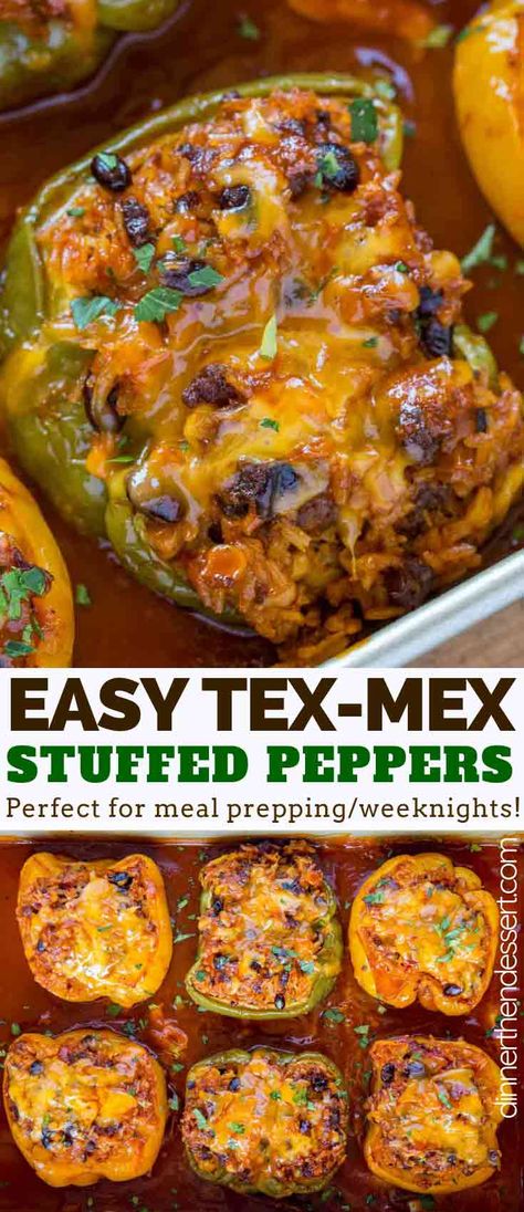 Tex-Mex Stuffed Peppers made with ground beef, corn, beans, salsa and enchilada sauce is an easy weeknight meal or even a secret leftover favorite! | #stuffedpeppers #texmex #mexicanfood #cheesy #dinnerthendessert Stuffed Pepper Recipe, Stuffed Peppers Beef, Easy Stuffed Peppers, Crockpot Recipes Beef Stew, Ground Beef Stroganoff, Pepper Recipe, Best Beef Recipes, Stuffed Pepper, Crockpot Recipes Beef