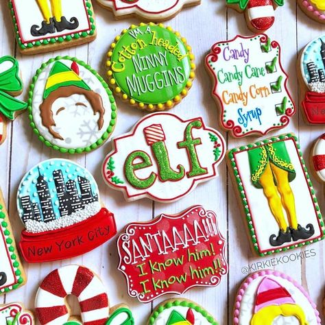 Andi K. | Sugar Cookie Artist on Instagram: “Shhhh...Christmas movies MAY already be on in the Kirkegaard house!🤫🎄🎅🏻 . . . #kirkiekookies #ELF #elfcookies #santa…” Round Christmas Cookies, Round Christmas Cookies Decorated, Movie Cookies, Christmas Sugar Cookies Decorated, Grinch Cookies, Christmas Party Planning, Elf Cookies, Candy Cane Cookies, Themed Cookies