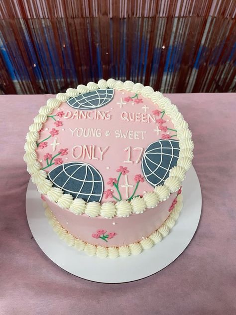 Pink Dancing Queen Cake, Dancing Queen Cake Pink, Dancing Queen Only 17 Cake, Pink 17th Birthday Cake, Cakes 17 Birthday, Dancing Queen Aesthetic, Dancing Queen Cake, Dancing Queen Party, Queens Birthday Cake