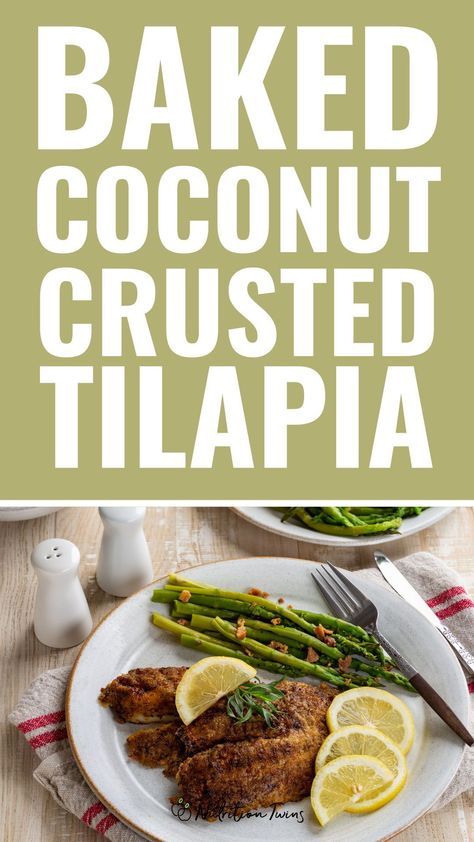 You’ll love this healthy twist on the well- known recipe – Baked Coconut Crusted Tilapia! This tilapia recipe baked, not fried, so it saves a lot of calories making it a healthy fish recipe. Coated with just enough breadcrumbs, coconut, and macadamia nuts, this tilapia recipe is tasty enough for hosting a party when you want to impress and easy enough to throw together after a long day of work. Try this healthy tilapia fish recipe for dinner tonight! Coconut Crusted Tilapia, Coconut Tilapia, Fish Recipes Healthy Tilapia, Healthy Tilapia, Baked Tilapia Recipes, Baked Coconut, Tilapia Fish Recipes, Tilapia Recipe, Tilapia Fish