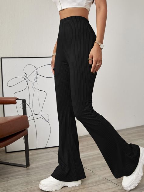 Solid Ribbed Flared Leg Trousers Black Casual   Fabric Plain Flare Leg High Stretch Spring/Summer/Fall Women Clothing, size features are:Bust: ,Length: ,Sleeve Length: Flare Yoga Pants, Flared Leggings, High Waist Yoga Pants, Black Flare, Flare Trousers, Flare Leggings, Cotton Blouse, Knit Pants, Outfit Casual