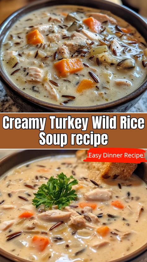 Creamy Turkey And Wild Rice Soup, Turkey Wild Rice Soup Recipes, Ground Turkey Rice Soup, Cozy Autumn Wild Rice Soup, Healthy Turkey Soup, Turkey And Rice Recipes, Turkey Veggie Soup, Turkey Dinner Ideas, Wild Rice Soup Crockpot