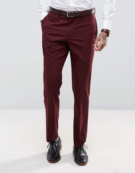 ASOS Slim Suit Pants In Burgundy Burgundy Pants Men, Burgundy Pants Outfit, Slim Fit Dress Pants Men, Red Pants Men, Mens Stretch Pants, Slim Suit Pants, Dress Pants Mens, Slim Pants Men, Slim Fit Suit Men