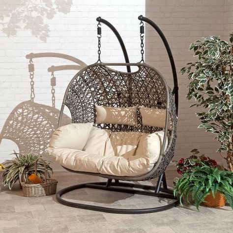 14+ Cozy Swing Chairs Garden Ideas - lmolnar Wicker Swivel Chair, Rattan Style, Hanging Egg Chair, Patio Swing, Chair Outdoor, Swing Chair, Beige Cushions, Outdoor Swing, Egg Chair