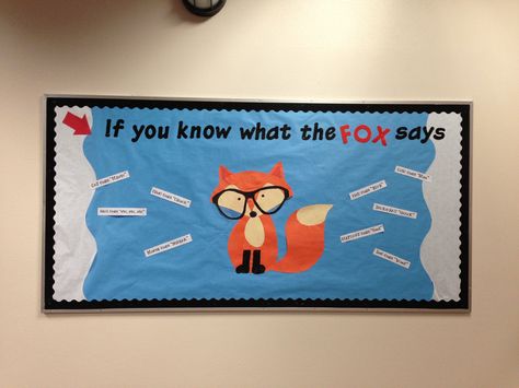 Alki Middle School "What does the fox say?" Bulletin board Fox Bulletin Board, Middle School Bulletin Board, Middle School Bulletin Boards, What Does The Fox Say, Preschool Bible, Bulletin Board Ideas, Classroom Bulletin Boards, School Bulletin Boards, Beginning Of School