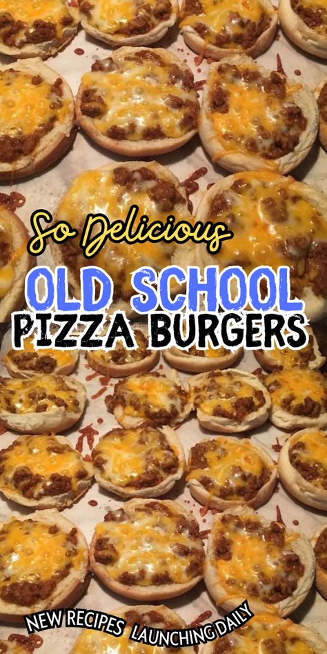 Old School Pizza Burgers Old School Pizza Burger Recipe, Pizza Burgers Recipe Hamburger Buns, School Lunch Pizza Burgers, Easy Pizza Burgers, Lunch Lady Pizza Burgers, School Cafeteria Pizza Burgers, Pizza Burger Recipe Homemade, Hamburger Bun Pizza, Homemade Pizza Burgers