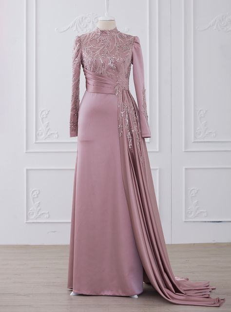 Krem - Berkerut - Kerah Band - Dress Pesta Muslimah Muslim Evening Dresses, Modest Evening Dress, Dress Pesta, Chiffon Hijab, Dress Muslim, Islamic Dress, Braut Make-up, Muslim Fashion Dress, Muslim Dress