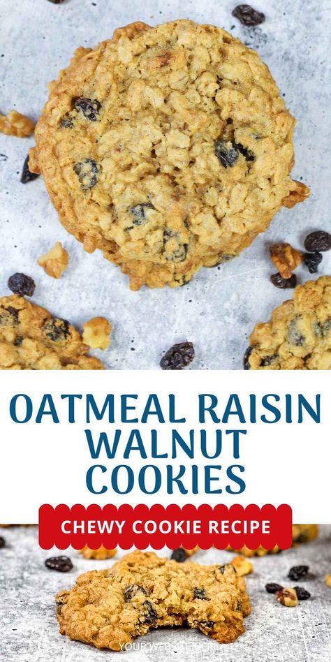 Oatmeal Raisin Walnut Cookies, Raisin Walnut Cookies, Walnut Cookie Recipes, Cookie Recipes Oatmeal Raisin, Cookie Recipes Chewy, Oatmeal Raisin Cookies Chewy, Cookie Cookbook, Banana Dessert Recipes, Homemade Oatmeal