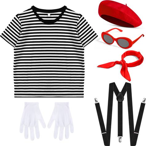 PRICES MAY VARY. Nice Combination: there is 1 piece of black and white striped T shirt, 1 piece of french beret, 1 piece of square neck scarf, 1 pair of oval sunglasses, 1 pair of white gloves and 1 piece of adjustable Y back suspender, which can be put into use in combination to meet your decorative needs Nice Combination: there is 1 piece of black and white striped T shirt, 1 piece of french beret, 1 piece of square neck scarf, 1 pair of oval sunglasses, 1 pair of white gloves and 1 piece of a