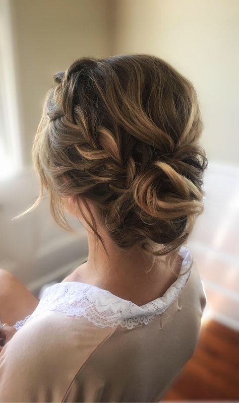 Braided Bun Updo @borne.hair (instagram) Low Bun Wedding Hair, Bridesmaid Hair Inspo, Bridemaids Hairstyles, Wedding Bun Hairstyles, Wedding Hair Up, Bun Updo, Bridesmaids Hair, Braided Bun Hairstyles, Bridesmaid Hair Makeup