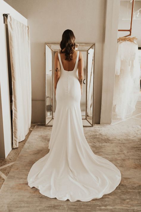 Our Gown Crush from Designer Alyssa Kristin: The Sydney Gown｜a&bé bridal shop Square Neckline Wedding Dress, Simple Bridal Dresses, Sweep Train Wedding Dress, Wedding Gown Backless, Crepe Wedding Dress, Beach Bridal Gown, Open Back Wedding Dress, Pnina Tornai, Back Wedding Dress