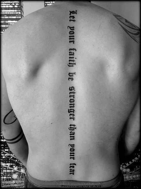 The End Tattoo Words, Back Word Tattoos For Men, Back Tattoos Men's Spine, Mens Spine Tattoo Ideas Unique, Men’s Spine Tattoos, Back Tattoo Men Spine, Last Name Back Tattoos For Men, Male Spine Tattoos, Spinal Tattoo For Men