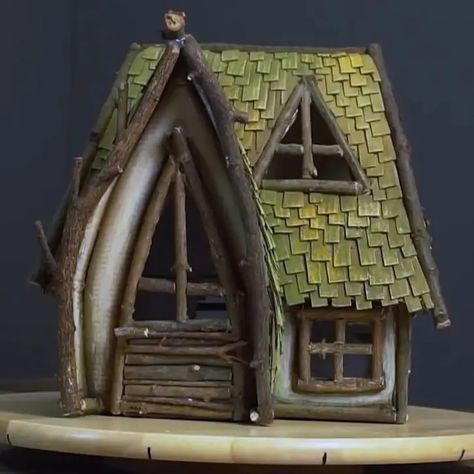 A Frame Fairy House, House Cardboard Diy, Fairy Doors Diy How To Make, Cardboard Fairy House, Castle Windows, Twigs Diy, Wonky Houses, House Cardboard, Cardboard Box Houses