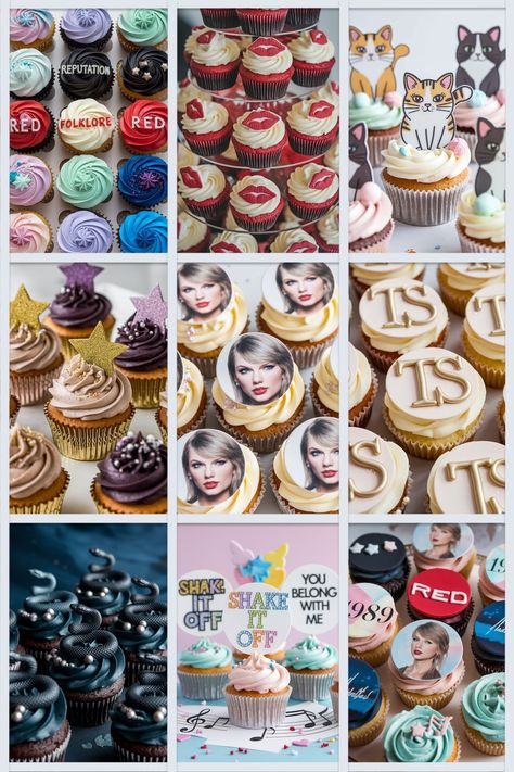 A collage of Taylor Swift-themed cupcakes, featuring designs from her albums such as "Reputation," "Red," and "Folklore," along with cupcakes decorated with her portrait, initials "TS," lipstick designs, cats, stars, and musical notes. Each set of cupcakes is uniquely crafted with vibrant frosting, fondant toppers, and detailed decorations. Taylor Swift Eras Cupcakes, Taylor Swift Cupcake Ideas, Taylor Swift Cupcakes, Beach Theme Birthday Party, Beach Theme Birthday, Taylor Swift Discography, Kitchen Simple, Cake Studio, Baking Cupcakes