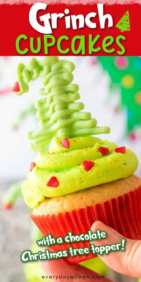 A vanilla cupcake with a thick buttercream and a chocolate Christmas tree topper with Pinterest overlay. Winter Holiday Desserts, Peppermint Buttercream Frosting, Whoville Tree, Grinch Cupcakes, Flavored Frosting, Homemade Vanilla Cupcakes, Peppermint Buttercream, Festive Holiday Desserts, Cupcakes Homemade