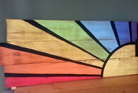 Rainbow Wood Art, Wood Sunburst, Scrap Wood Art, Deco Surf, Carved Wood Wall Art, Wood Wall Art Diy, Wood Art Projects, Rustic Wood Sign, Wood Mosaic