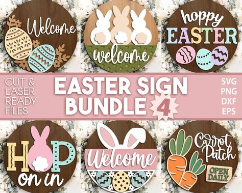 Easter Sign Bundle 4, Digital download, Round door hanger svg, Glowforge laser file, Cricut, Spring welcome sign svg, Easter bunny egg svg Spring Welcome Sign, Sell Embroidery, Welcome Sign Svg, Door Hanger Svg, Round Door Hanger, Door Hangers Diy, Easter Sign, Bunny Egg, Easter Bunny Eggs