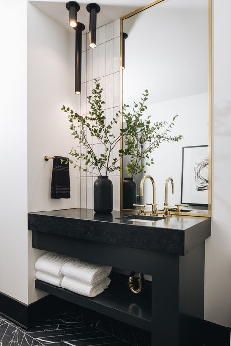 ASC With A Slice of Glam - Contemporary - Bathroom - Chicago - by Amy Storm & Company | Houzz Black Marble Floor, Black Marble Bathroom, Marble Bathroom Floor, Black And Gold Bathroom, Black Floor Tiles, Black White Bathrooms, Black Vanity Bathroom, Black Countertops, Stone Bathroom