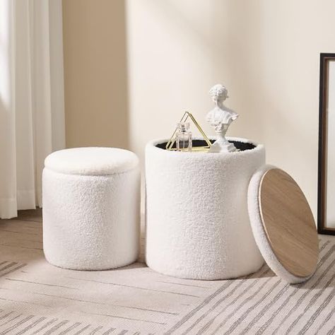 Bathroom Ottoman Ideas, Foot Rest With Storage, Stools With Storage, Cute Ottomans, Storage Stool Seat, Vanity Stool With Storage, Dorm Ottoman, Stool Aesthetic, Stool For Vanity