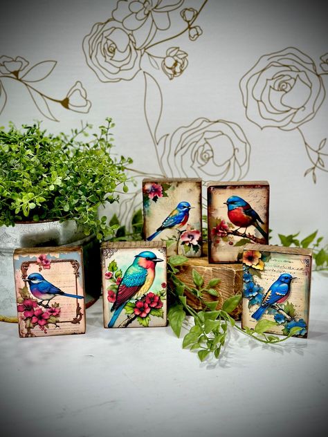 Vintage look bird art,wood sign with easel,whimsical birds, gift for friend, bird lover, stained wood block, bird tiered tray,vibrant floral