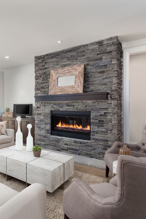 Contemporary Fireplace Decor, Grey Stone Fireplace, Outdoor Fireplace Plans, Design Camino, Contemporary Fireplace Designs, Wood Burning Fireplace Inserts, Diy Outdoor Fireplace, Fireplace Update, Gas Fireplace Insert