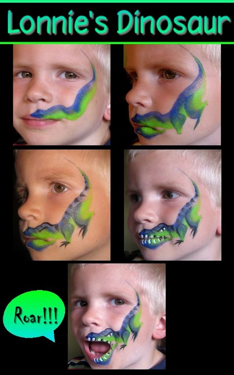 Lonnie's Dinosaur via www.facepaintforum.com Dinosaur Face Painting, Face Painting For Boys, Face Painting Tutorials, Face Painting Easy, Kids Face Paint, Boy Face, Face Painting Designs, Halloween Make Up, A Dinosaur