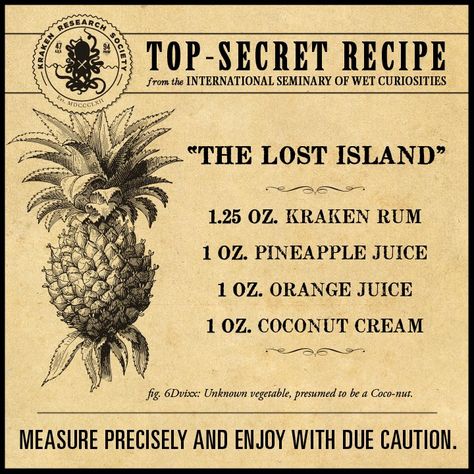 The Lost Island Spiced Rum Recipes, Tropical Cocktail Recipes, Kraken Rum, Lost Island, Rum Recipes, Top Secret Recipes, Drink Bar, Rum Cocktails, Rum Drinks