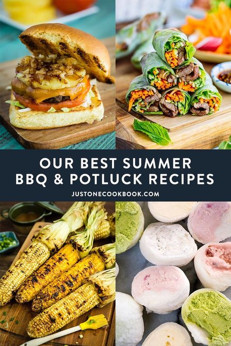 Here are our best BBQ & potluck recipes to kick start your summer! From chicken spring rolls to teriyaki burger to yaki onigiri to mochi ice cream, you will find many popular Japanese and Asian-inspired dishes on the menu. | Easy Japanese Recipes at JustOneCookbook.com #summerrecipes #bbq #japanesebbq Bbq Potluck Ideas, Teriyaki Burger, Fresh Kimchi, Yaki Onigiri, Bbq Potluck, Teriyaki Burgers, Asian Bbq, Mochi Ice, Bbq Summer