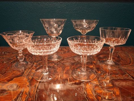 Retro Champagne Glasses, Vintage Champagne Coupe, Thrifting Inspiration, Hms Pinafore, Vintage Cocktail Glasses, Crystal Champagne Glasses, Champagne Saucers, Cocktail Mixer, Drink Glasses