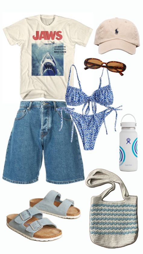 Off white shirt with a poster of the movie Jaws printed on, jean shorts, cream polo hat with blue polo logo, brown round sunglasses, blue bikini with white flower print, white hydro flask with blue line design on, light blue birkenstock sandals, white crochet bag with blue lines Comfy Beach Outfit Casual, Beach Outfit Teen, Beach Boho Style, Hoț Girl Summer Outfit, Beach Bum Aesthetic Outfit, Beach Outfit Inspo Summer, Beach Town Outfit, Beach Outfits Teenager, Beachy Summer Outfits