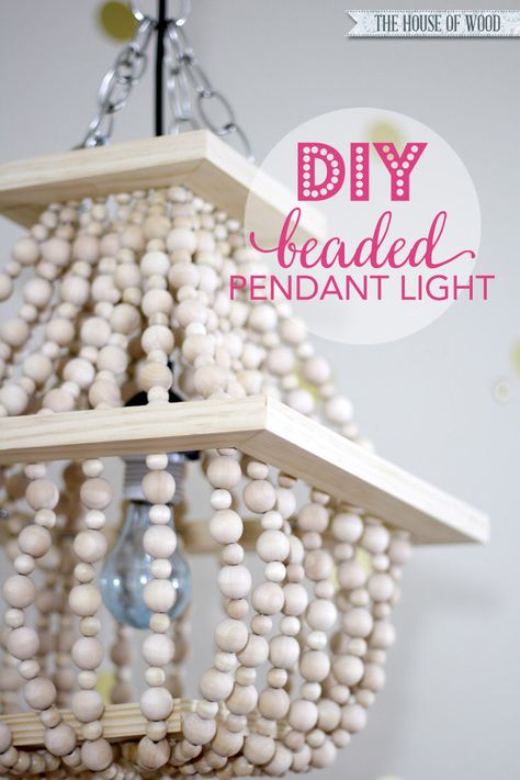 LOVE this DIY beaded light fixture! Step-by-step tutorial at The House of Wood | www.jenwoodhouse.com/blog Rectangle Light Fixture, Make A Chandelier, Beaded Light Fixture, Jen Woodhouse, How To Make A Chandelier, Driftwood Chandelier, Diy Luminaire, Statement Light Fixture, Wood Bead Chandelier