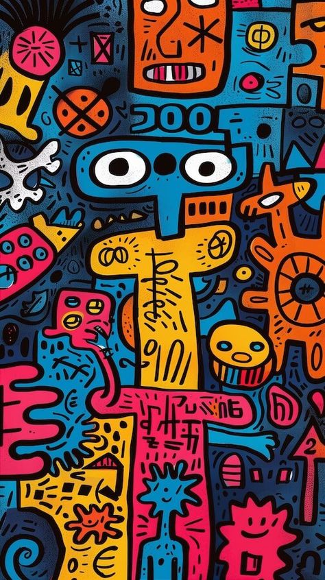 Vibrant and colorful cartoon-style doodle of various characters - Zwin Abstract Character Illustration, Blink 182 Wallpaper, Active Wallpaper, Jesus Art Drawing, Creative Typography Design, Creative Wall Painting, Printed Mugs, Abstract Wallpaper Design, Iphone Lockscreen Wallpaper