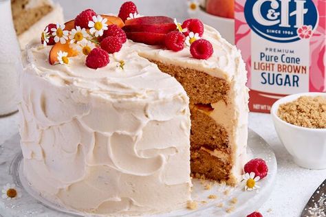 Brown Sugar Peach Layer Cake | C&H Sugar Winter Baking Ideas, Holiday Recipes Baking, Easter Baking Recipes, Brown Sugar Peaches, Brown Sugar Frosting, Rotating Cake Stand, Summer Desserts For A Crowd, Sheet Cake Recipe, Baking Holiday