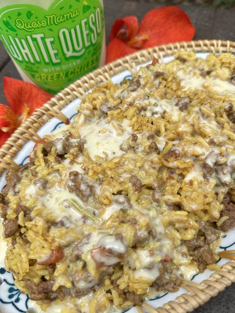 Queso Taco Rice, Steak And Queso Rice, Queso Meals, Ground Hamburger Casserole Recipes, Taco Rice Casserole Bake, Taco Rice With Queso, Taco Rice Bake, Queso Rice, Taco Dinner Ideas