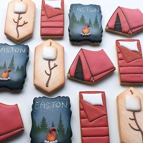 👱🏽‍♀️ Amanda │ Night Owl Icing (@night.owl.icing) • Instagram photos and videos Camping Birthday Cookies Decorated, Campfire Cookies Decorated, Camping Cookies Decorated, Camper Cookies, Camp Cookies, Campfire Cookies, Camping Cookies, Hunting Cake, Cookie Decorations