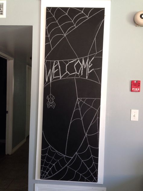 Halloween Housewarming Decor - chalkboard spiderweb Chalk Wall Art, Halloween Chalkboard, Halloween Housewarming, Fall Decor Diy Crafts, Chalk Wall, Chalkboard Drawings, Chalkboard Wall, Halloween Spider Web, Chalkboard Art