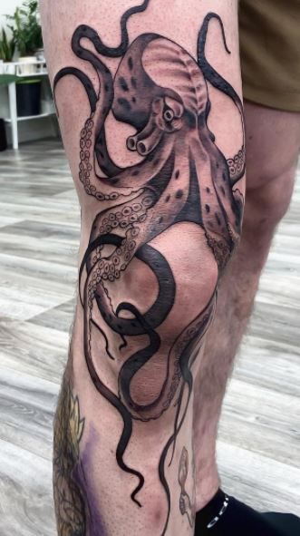 Kraken Tattoo Leg, Octopus Tattoo On Leg, Anchor Octopus Tattoo, Octopus Tattoos On Thigh, Octopus Tattoos Knee, Kraken Leg Tattoo, Octopus Leg Tattoo Men, Mens Octopus Tattoo, Octopus Tattoo Leg