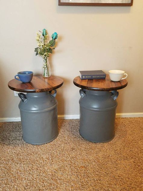 End Table Diy, Milk Can Decor, Painted Milk Cans, Old Milk Cans, Refinish Furniture, Table Diy, Milk Cans, Refurbished Furniture, Recycled Furniture