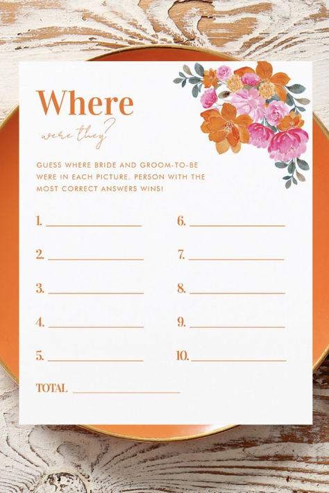 Template for game cards to guess where the bride and groom were in each photo. It's a fun activity for bridal or couples showers. Pink and orange. Orange And Pink Bridal Shower Ideas, Pink Bridal Shower, Bridal Shower Game, Pink Bridal, Couple Shower, Game Cards, Bridal Shower Theme, August 10, Bridal Shower Favors