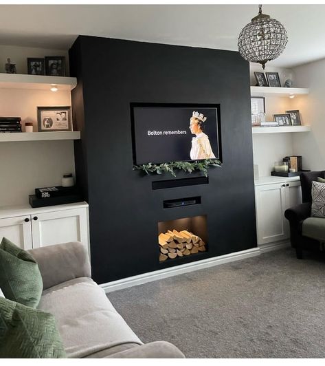 Black Media Wall Living Room, Dark Grey Media Wall, Navy Media Wall, Dark Media Wall, Fake Walls, Media Walls, Navy Living, Gothic Decor Bedroom, Navy Living Rooms