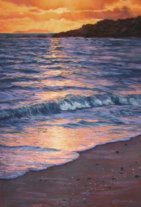 The Ocean at Sunrise - Pastel by www.kathdunneartworks.com Ocean Pastel Drawing, Ocean Sunset Drawing, Sea Sunset Painting, Sunset Beach Painting, Ocean Sunset Painting, Painting Sunrise, Beautiful Beach Sunset, Sky Art Painting, Sunrise Painting