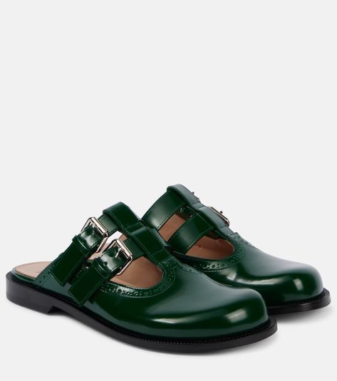 Campo brushed leather mules in green - Loewe | Mytheresa Loewe Shoes, Paris May, Sterling Silver Drop Earrings, Evening Shoes, Green Item, Leather Mules, West End, Silver Drop Earrings, Shoe Game