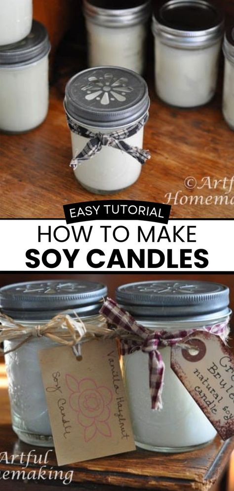 homemade DIY soy candles in Mason jars and decorative lids Candle Scents Recipes Fragrance, How To Make Candles Scented, Lotion Candle Recipe, How To Make Candles For Beginners, Diy Scented Candles Recipes, How To Make Candles, Soy Candles Diy, Diy Soy Candles Scented, Candle Making Ideas