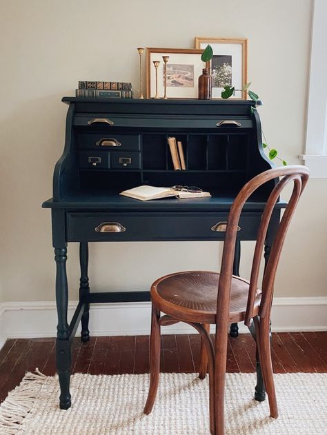 Decorate A Secretary Desk, Vintage Secretary Desk Home Office, Secretary Desk Dining Room, Roll Top Desk Styling, Vintage Desk In Bedroom, Vintage Rolltop Desk, Roll Out Desk, Secretary Desk Make Over, Roll Top Secretary Desk Makeover