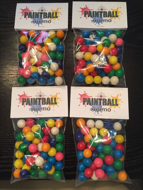 Made these paintball party favors. So cute! #Gumballs #Paintball #favorbags Paintball Party Favors, Paintball Cake, Paintball Birthday Party, Paintball Birthday, Paintball Party, Laser Tag Party, Party Favor Ideas, Nerf Party, Ball Birthday Parties