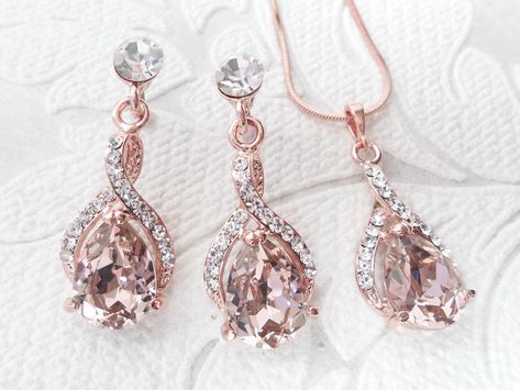 Blush Rose Gold Wedding Jewelry Set Rosegold Pendant Necklace and Pierced or Clipon Earrings for 1920s Art Deco Clip Ons Bridesmaid Gifts by dalfiya on Etsy Rose Gold Wedding Headpiece, White Gold Jewelry Set, Rose Gold Wedding Jewelry, Gold Diamond Earrings Studs, Wedding Jewelry Set, Gold Diamond Studs, Gold Wedding Jewelry, Gold Jewelry Sets, Blush Rose