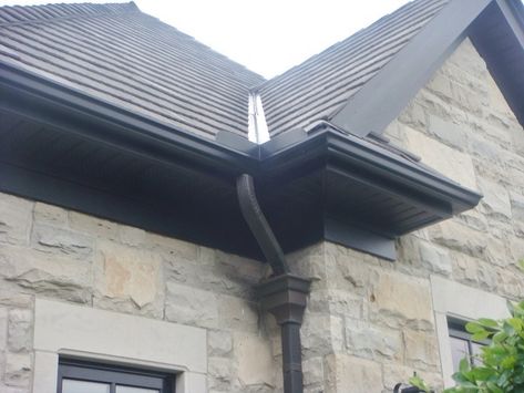 Soffit And Fascia Ideas Exterior, Black Facia And Soffit, Black Fascia And Soffit, Black Soffit And Fascia White House, Black Soffit And Fascia, Soffit Design, Black Soffit, Galvanized Gutters, Black Home Exterior