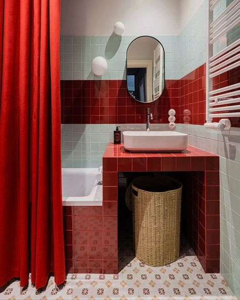 Clever | “It’s not traditional to mix this deep red wine color and this mint color, but it’s a beautiful combination,” Kyiv-based interior designer… | Instagram Interior Designer Instagram, Red Bathroom, Blue Tiles, Red Sky, Blue Interior, Wine Color, Mint Color, Wine Colored, Cherry Red